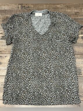 T.La Leopard Print V-Neck Pocket Tee - Gray and Brown XXS